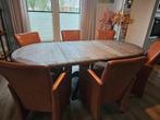 Eiken eettafel verstelbaar, 6 leren stoelen met wieltjes, Huis en Inrichting, Ophalen, Gebruikt, 4 tot 6 stoelen