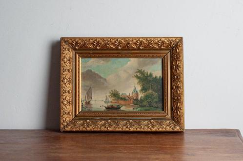 19de eeuws Nederlandse school schilderij met boten, Antiek en Kunst, Kunst | Schilderijen | Klassiek, Ophalen of Verzenden