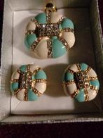 vintage set wit met azuurblauw cloisonne en strass in doos, Sieraden, Tassen en Uiterlijk, Antieke sieraden, Ophalen of Verzenden