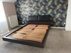 Bed 180x200 met lattenbodem & leren hoofdbord, Ophalen, Zwart, Tweepersoons, 180 cm