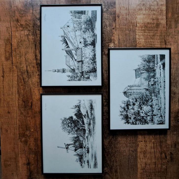 3 Ingelijste Pentekeningen Veere - Piet van Dokkum, Antiek en Kunst, Kunst | Tekeningen en Foto's, Ophalen of Verzenden
