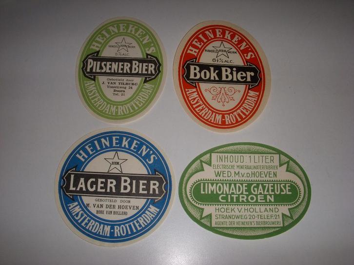 4 OUDE etiketten Heineken's bier, pilsener, Bok, Lager bier, Verzamelen, Biermerken, Zo goed als nieuw, Overige typen, Heineken