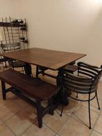 Donkerbruine eettafel met bankjes en stoelen, Huis en Inrichting, Ophalen, Gebruikt, 100 tot 150 cm, Eikenhout