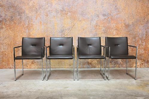 ZGANieuw 4 bruine leren Arco Frame design stoelen, Huis en Inrichting, Stoelen, Zo goed als nieuw, Vier, Leer, Metaal, Bruin, Ophalen of Verzenden