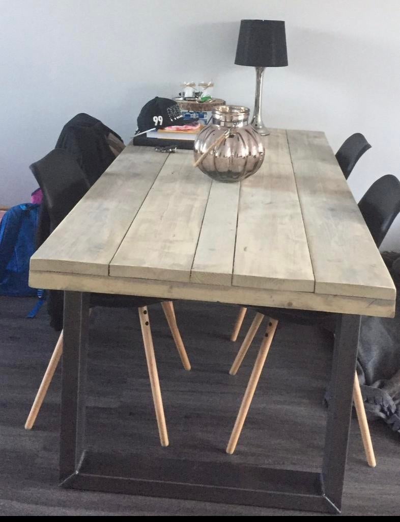 Steigerhouten eettafel (grey wash beits) excl. stoelen etc., Huis en Inrichting, Tafels | Eettafels, Ophalen, 200 cm of meer, 50 tot 100 cm