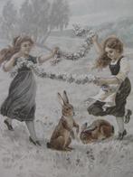 Antieke Kaart - Kinderen met Bloemenslinger / Konijn, Verzenden, Voor 1920, Ongelopen, Kinderen