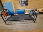 Blauw metalen 1 persoonsbed  90x200 met spiraalbodem, Ophalen, Gebruikt, 90 cm, Eenpersoons