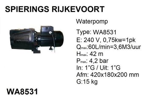 Waterpomp 0,75kw / 1pk 230V  3,6 m3/uur 4,2 bar Spierings, Tuin en Terras, Tuinslangen, Nieuw, Ophalen of Verzenden