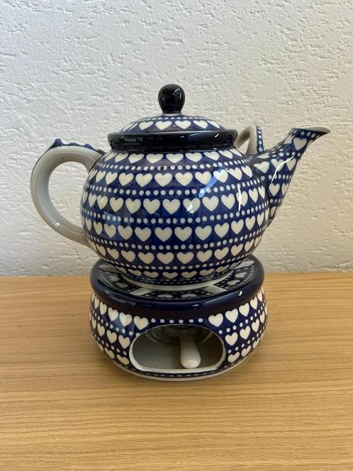 Bunzlau theepot 3 liter met brander hartjes, Huis en Inrichting, Keuken | Servies, Gebruikt, Overige typen, Overige stijlen, Aardewerk