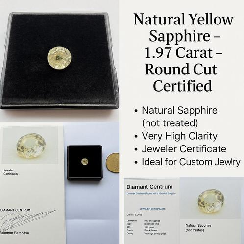 Natural Yellow Sapphire – 1.97 ct – Round Cut – Certified, Sieraden, Tassen en Uiterlijk, Edelstenen, Nieuw, Ophalen of Verzenden