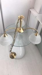 Messing hanglamp met 3 glazen kelken (melkglas) kleine fitti, Huis en Inrichting, Lampen | Hanglampen, Zo goed als nieuw, 50 tot 75 cm