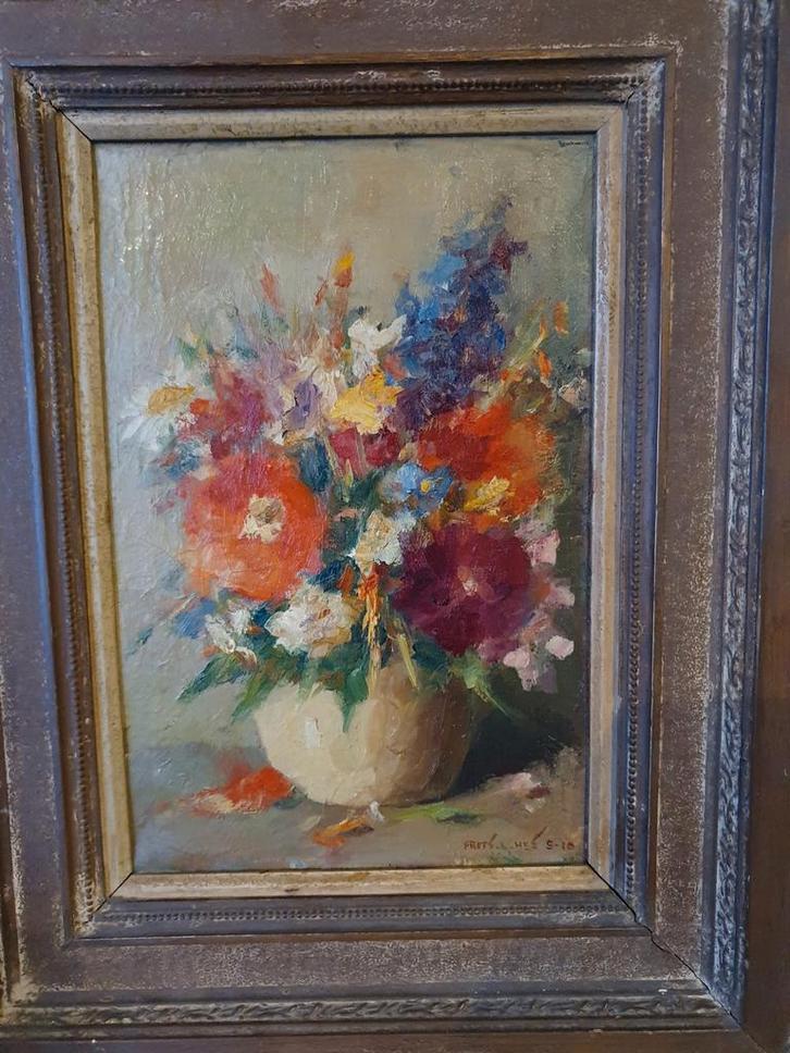 Bloemstilleven schilderij kunstschilder Frits hes, Antiek en Kunst, Kunst | Schilderijen | Klassiek, Ophalen of Verzenden