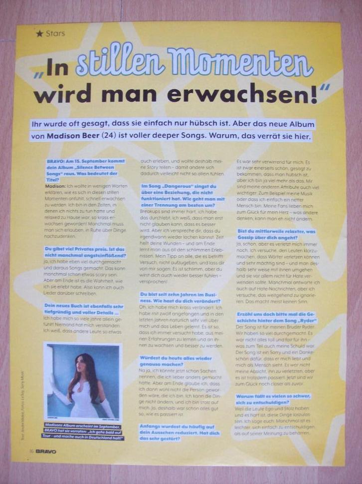 Artikel over Madison Beer uit Duits tijdschrift Bravo - A4, Verzamelen, Muziek, Artiesten en Beroemdheden, Nieuw, Boek, Tijdschrift of Artikel
