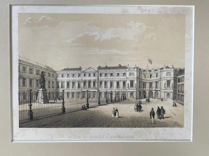 Het museumplein brussel / place du musee bruxelles 1850, Antiek en Kunst, Kunst | Etsen en Gravures, Ophalen of Verzenden