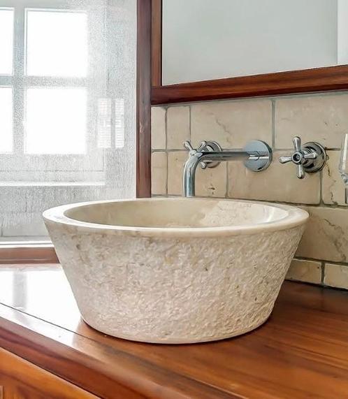 Marmeren/Travertin waskom diameter 40cm, Huis en Inrichting, Badkamer | Badkamermeubels, Zo goed als nieuw, Wasbak of Wastafel