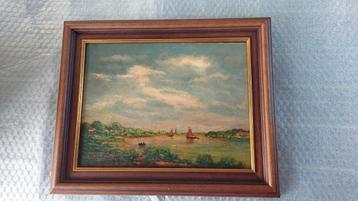 Schilderij Rivierlandschap in nette lijst; Ongesigneerd beschikbaar voor biedingen