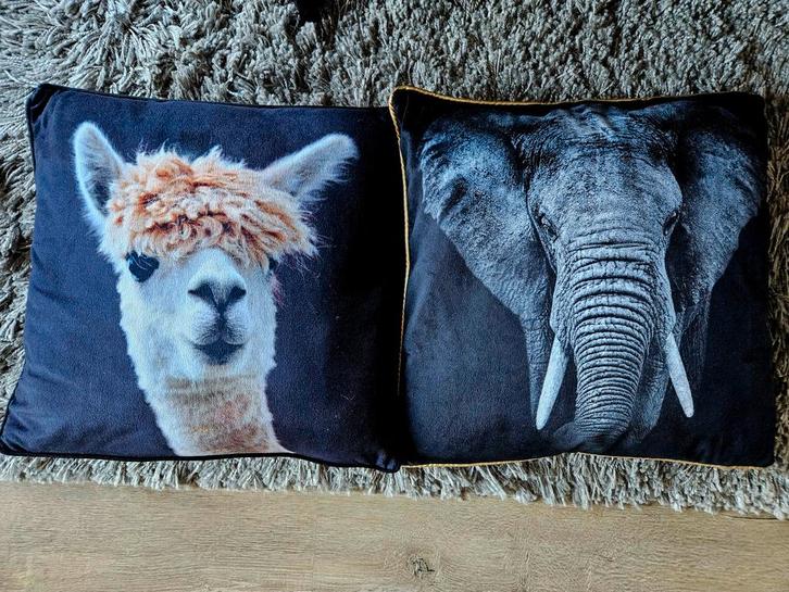 2 sierkussens: Alpaca en Olifant - Zo goed als nieuw!, Huis en Inrichting, Woonaccessoires | Kussens, Zo goed als nieuw, Zwart