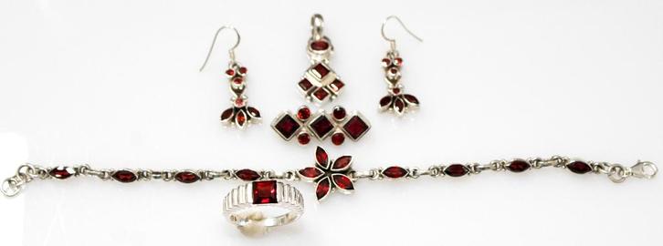 Schitterende Sterling Zilver & Granaat Juwelen Set, Sieraden, Tassen en Uiterlijk, Antieke sieraden, Overige typen, Zilver, Met edelsteen