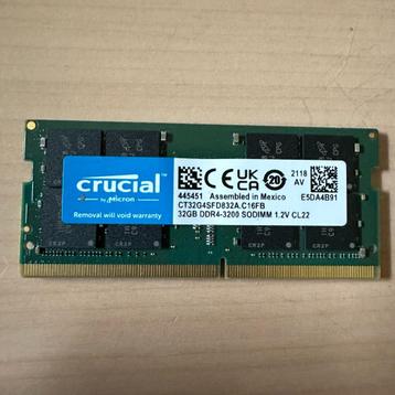 CRUCIAL 32GB Enkel DDR4-3200 MT/s CL22 SODIMM 260-pin RAM beschikbaar voor biedingen