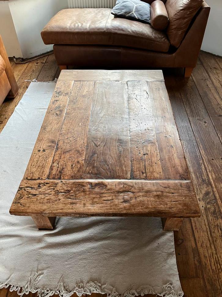 Robuuste houten salontafel - Uniek & Karaktervol, Huis en Inrichting, Tafels | Salontafels, Gebruikt, Minder dan 50 cm, 50 tot 100 cm