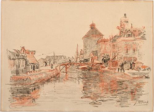 Jan Altink(1885)Tekening"Gezicht Groningen Winschoterdiep"Ge, Antiek en Kunst, Kunst | Schilderijen | Modern, Ophalen of Verzenden
