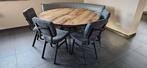 Mooie ronde tafel met bijbehorende leren bank, Ophalen, Zo goed als nieuw, Vijf personen of meer, 100 tot 150 cm
