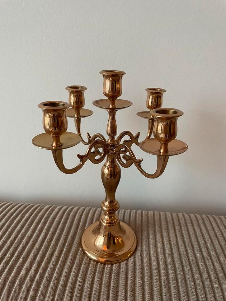 Vijfarmige kandelaar – Scandia, koperkleur, Antiek en Kunst, Antiek | Kandelaars, Koper of Brons, Ophalen of Verzenden