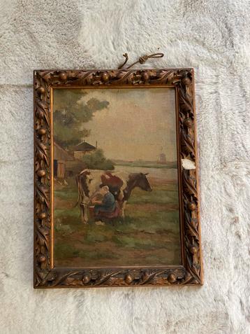 Antiek Schilderij: Melkende Boerin met Koe beschikbaar voor biedingen