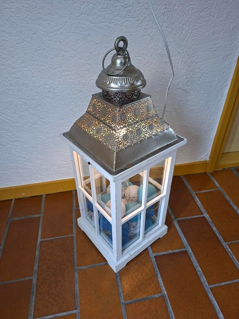 Lantaarn met lampje, Ophalen, Wit, Hout, 50 tot 75 cm