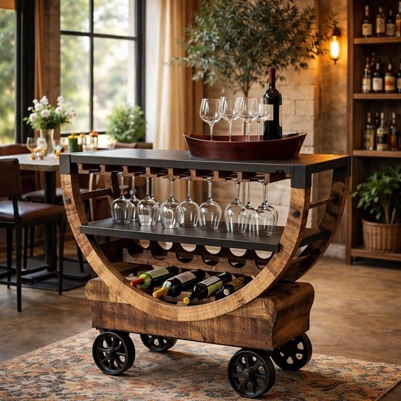 Retro Houten Wijnkar Industriële Wijntrolley Vintage Wijnrek, Info@dehanzeherten.nl, De Hanze Herten BV, 5 tot 15 flessen, Nieuw