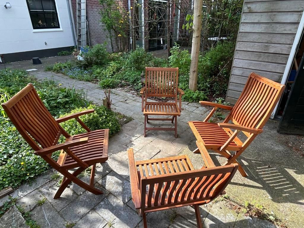 4 Gloster teakhouten Tuinstoelen, Tuin en Terras, Ophalen, Gebruikt, Teakhout, Inklapbaar