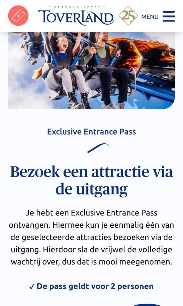 4x exclusive entrance pass Toverland, Tickets en Kaartjes, Recreatie | Pretparken en Attractieparken, Drie personen of meer, Overige typen