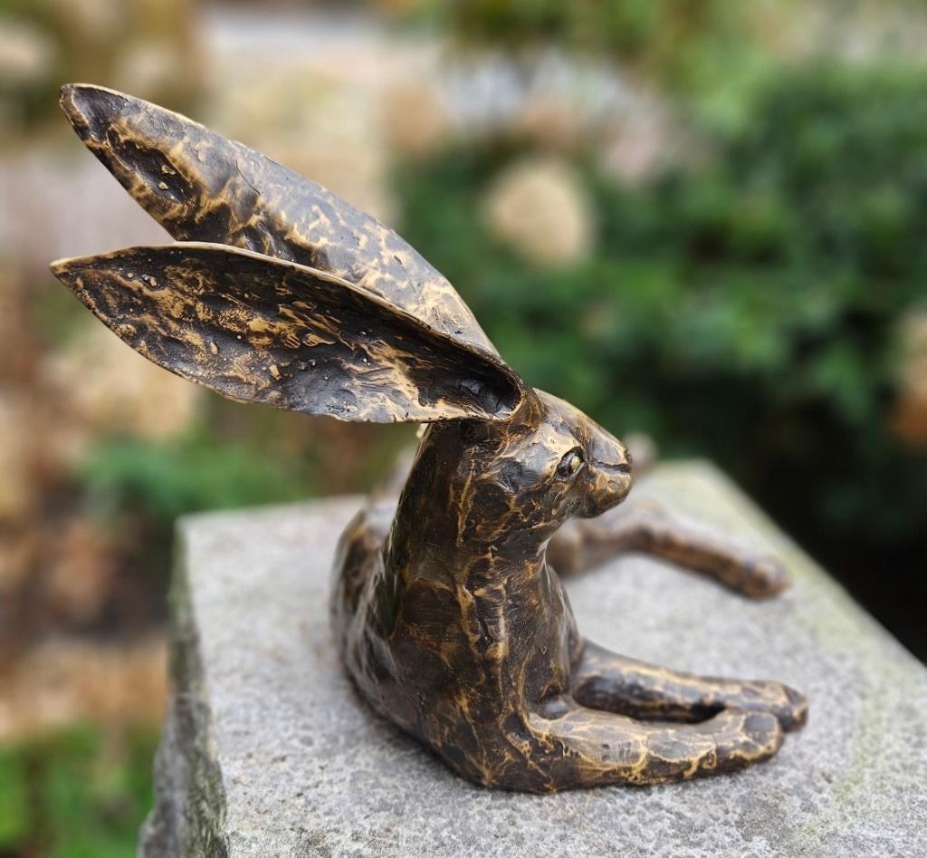 LIGGENDE HAAS/ BRONZEN TUINBEELDEN / HAAS / brons, Dierenbeeld, Nieuw, Info@huisentuindecoratiemarie.nl, Huis en tuin decoratie marie