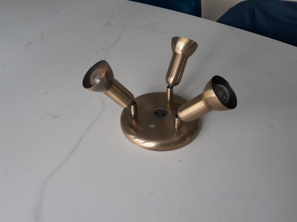 Vintage Gouden Plafondspot met 3 Verstelbare Spots, Gebruikt, Metaal of Aluminium, Plafondspot of Wandspot, Vintage, Retro