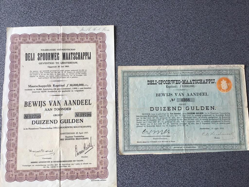805. 2 x Deli Spoorweg Maatschappij, Postzegels en Munten, Aandelen en Waardepapieren, Ophalen of Verzenden