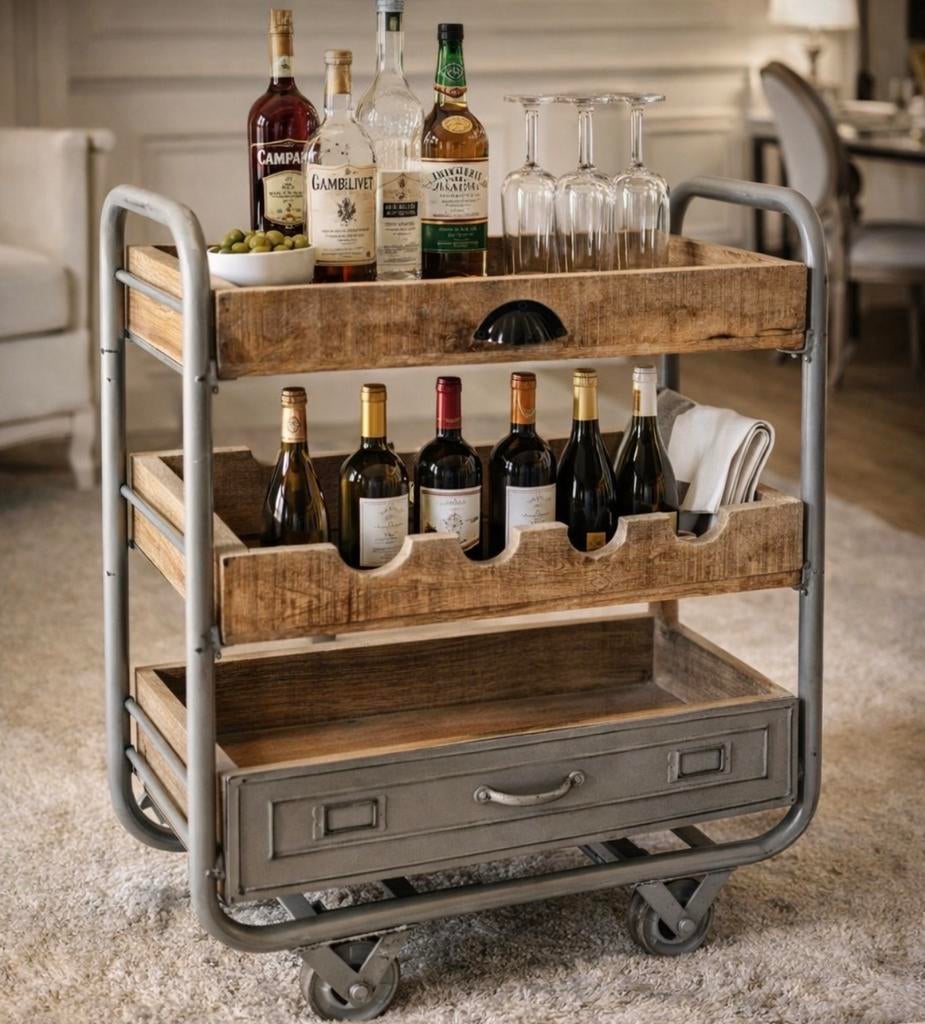 Stoere industriële bar cart / drankentrolley, Ophalen, Gebruikt
