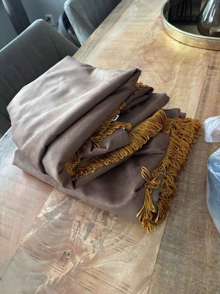 Set gordijnen met gouden franjes en raamband voor een Scania, Ophalen of Verzenden, Zo goed als nieuw, Bruin, 200 cm of meer