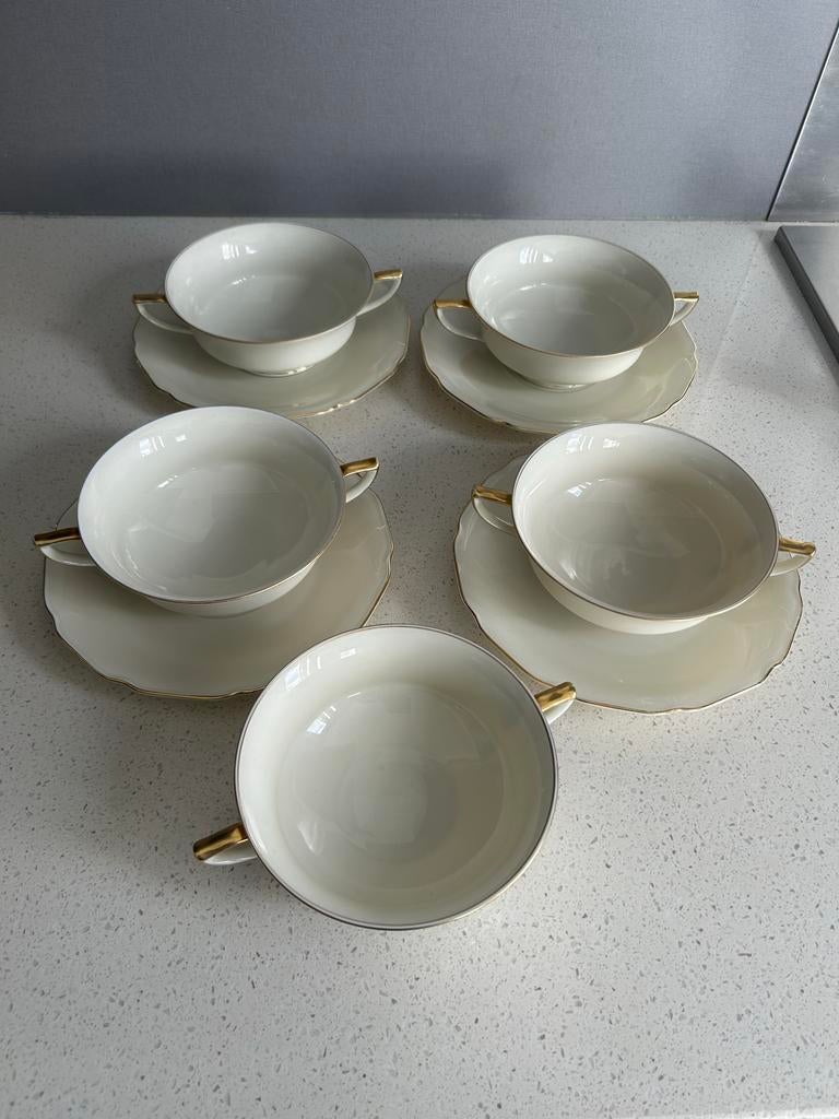 Set 5 Porseleinen Soepkommen 4 met Schotels - Goudkleurige, Ophalen of Verzenden