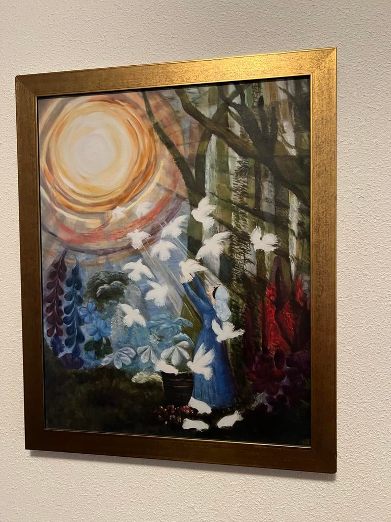 Schilderij: Vrouw met duiven in bos, Ophalen
