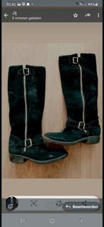 Zwarte leren hoge laarzen met gouden gespen - Maat 38, Ophalen of Verzenden, Gedragen, Zwart, Hoge laarzen