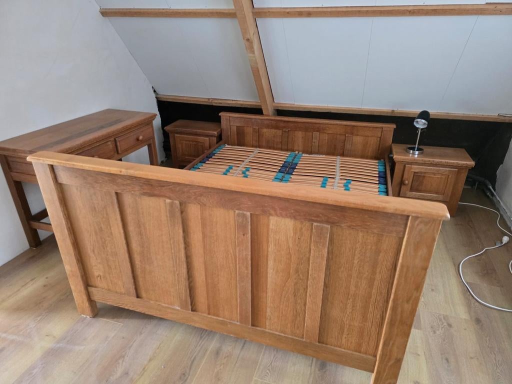 Bed met kastjes, Ophalen, Tweepersoons, Hout