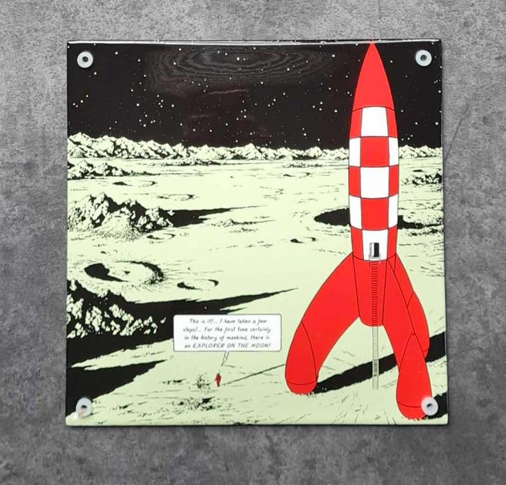 Kuifje raket naar de maan emaillen bordje, Verzamelen, Merken en Reclamevoorwerpen, Zo goed als nieuw, Reclamebord, Ophalen of Verzenden