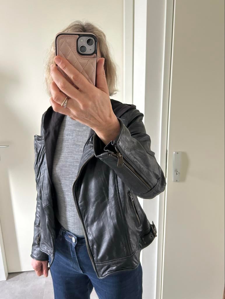 Zwart leren bikerjack van Esprit met uitneembare capuchon, Ophalen of Verzenden, Gedragen, Maat 38/40 (M), Zwart