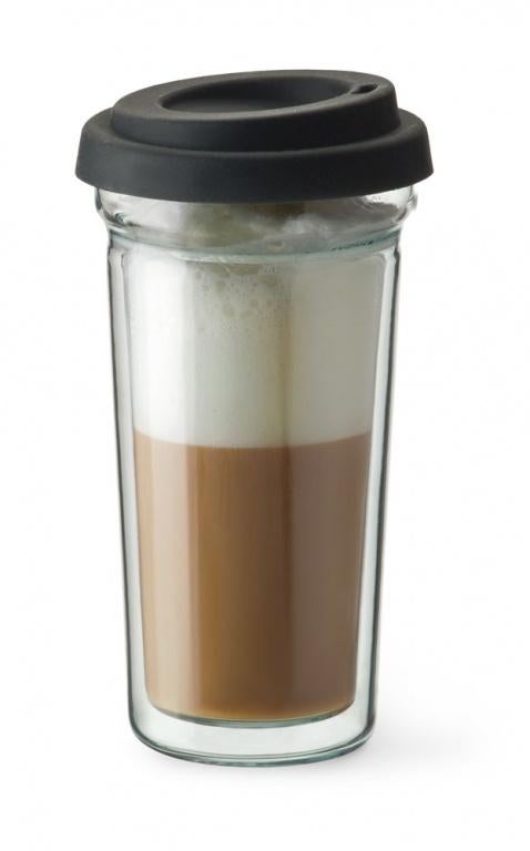 Drinkbeker dubbelwandig glas met siliconen deksel 30 of 40cl, Ophalen, Glas of Glazen, Nieuw, Glas