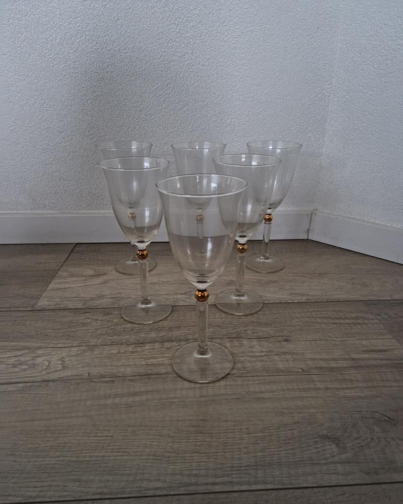 6 wijnglazen glazen goud vintage retro groot kristal bal, Glas of Glazen, Ophalen of Verzenden, Overige stijlen, Glas