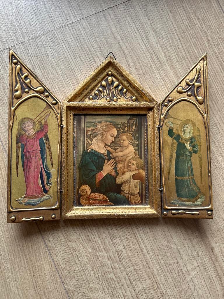 Antiek drieluik Maria met Kind en engelen, Antiek en Kunst, Antiek | Religie, Ophalen of Verzenden