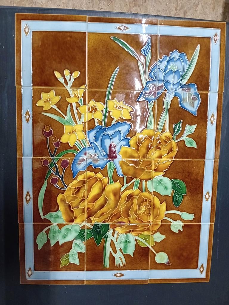 Art Nouveau/Jugendstil Tegelplateau - Bloemmotief, Antiek en Kunst, Antiek | Wandborden en Tegels, Ophalen of Verzenden