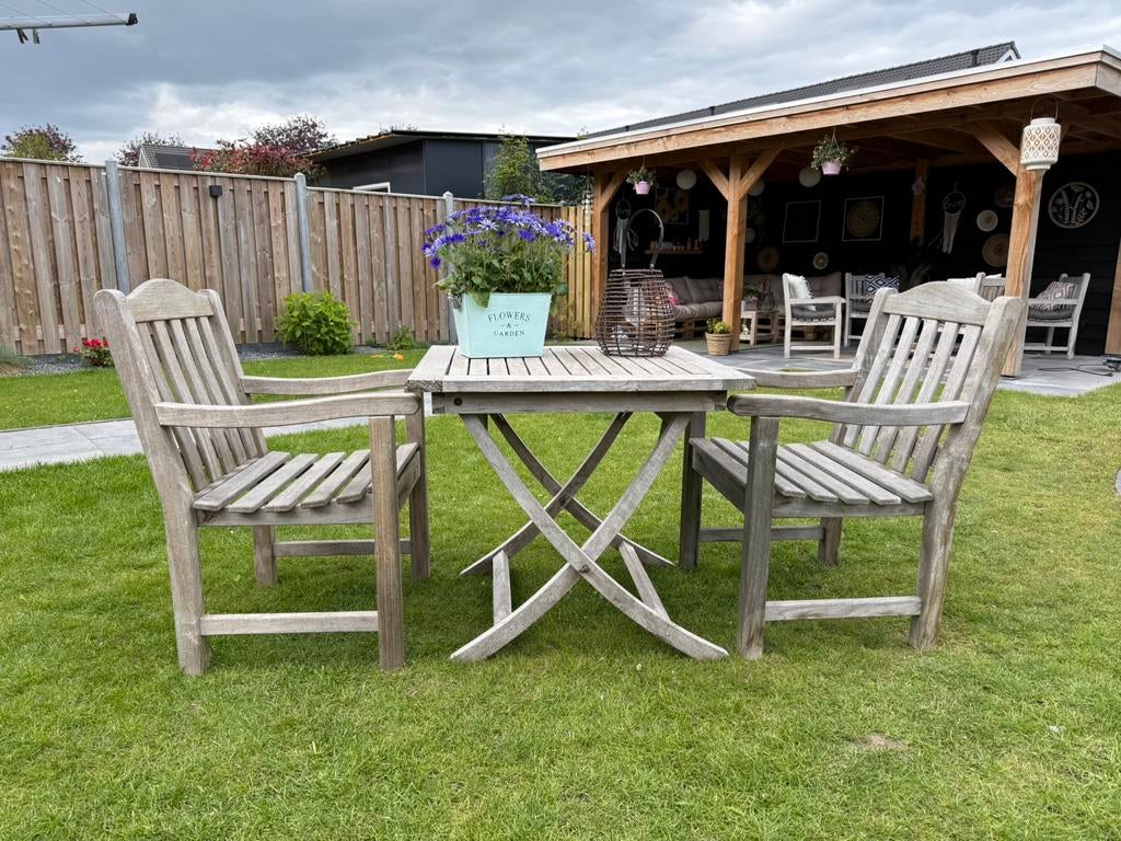 Teakhouten tuinset van De Vries met 2 stoelen, Tuin en Terras, 4 zitplaatsen, Gebruikt, Eettafel, Teakhout