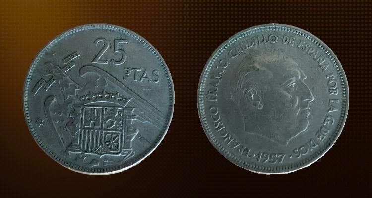 25 Pesetas Spanje 1957 - Franco, Postzegels en Munten, Munten | Europa | Niet-Euromunten, Ophalen, Overige landen, Losse munt