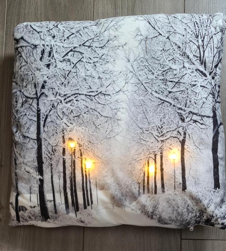 Iets apart mooie kussen van een besneeuwde bomen verlichting, Huis en Inrichting, Woonaccessoires | Kussens, Gebruikt, Wit, Vierkant